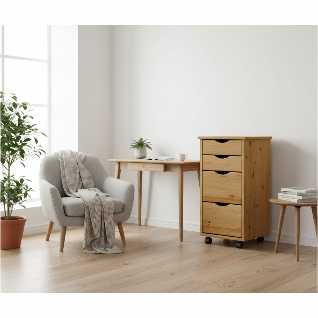 Honingbruine ladekast in Scandinavische slaapkamer/studeerkamer