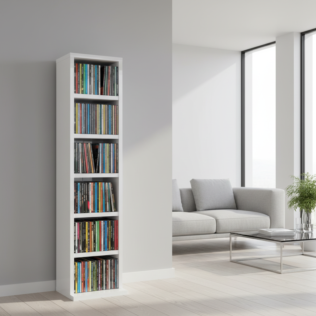 Hoogglans wit CD-rek in moderne woonkamer met kleurrijke CD's