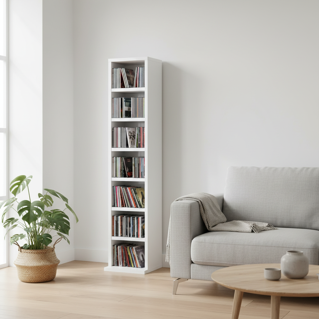 Hoogglans wit CD-rek in Scandinavische woonkamer met gevarieerde CD collectie