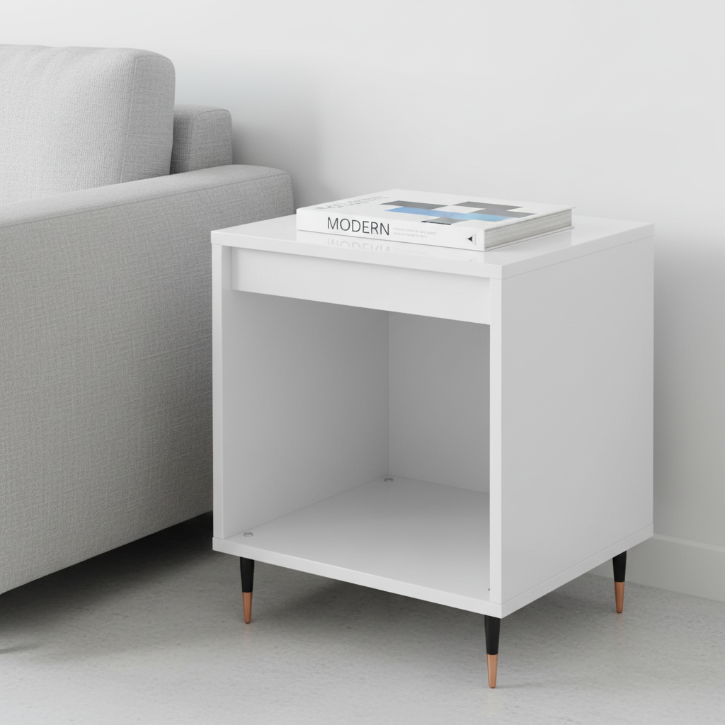 Hoogglans wit nachtkastje in minimalistische woonkamer