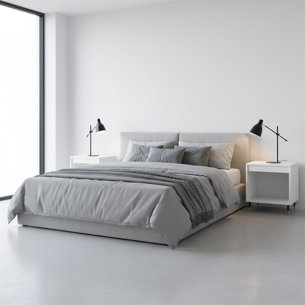 Hoogglans wit nachtkastjes in minimalistische slaapkamer