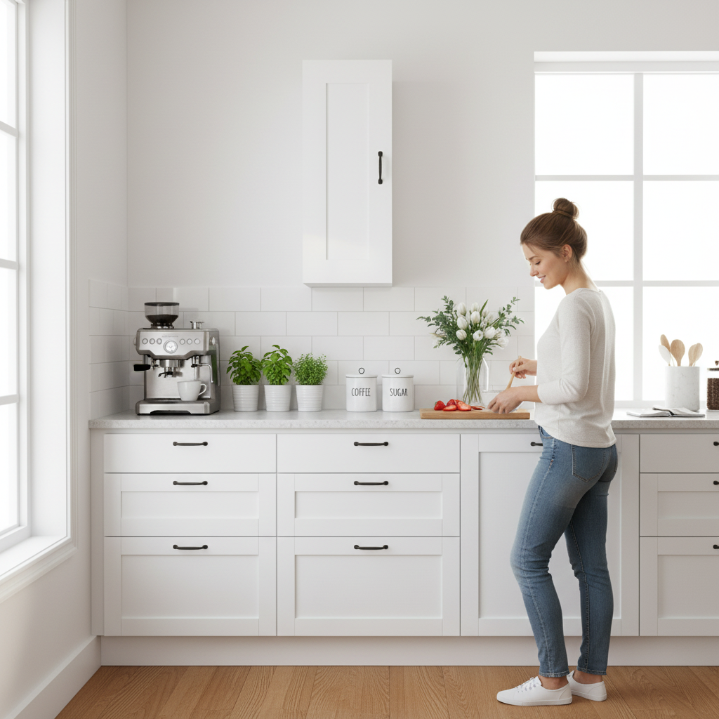 Hoogglans witte hangkast in Scandinavische keuken