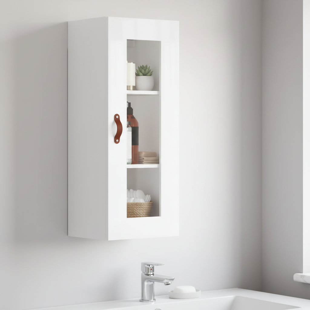 Hoogglans witte hangkast met accessoires in moderne badkamer