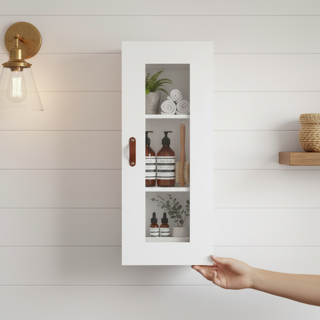 Hoogglans witte hangkast met accessoires in Scandinavische badkamer