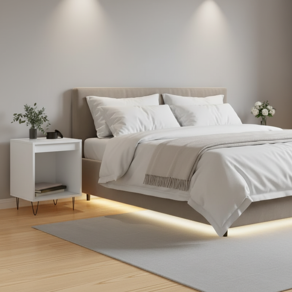 Hoogglans witte nachtkastjes in luxe slaapkamer