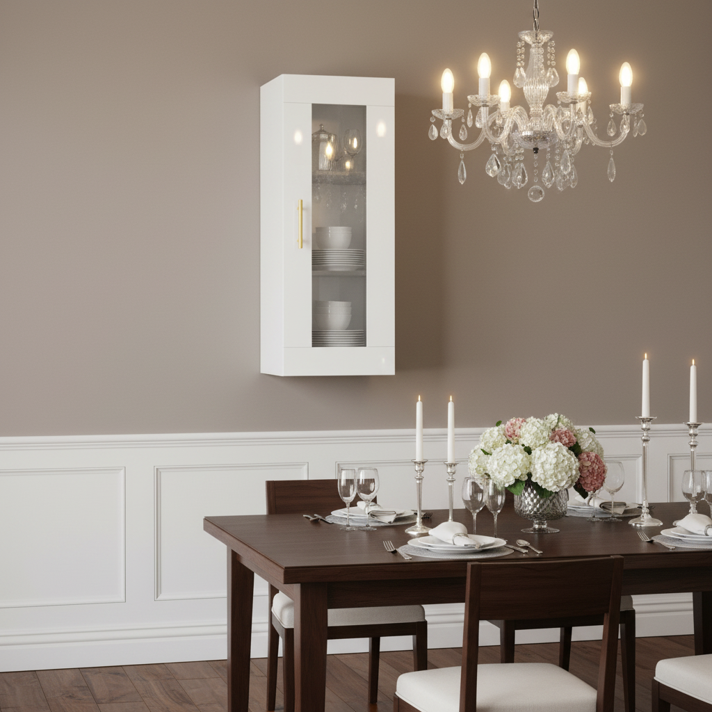 Hoogglans witte vitrinekast in eetkamer