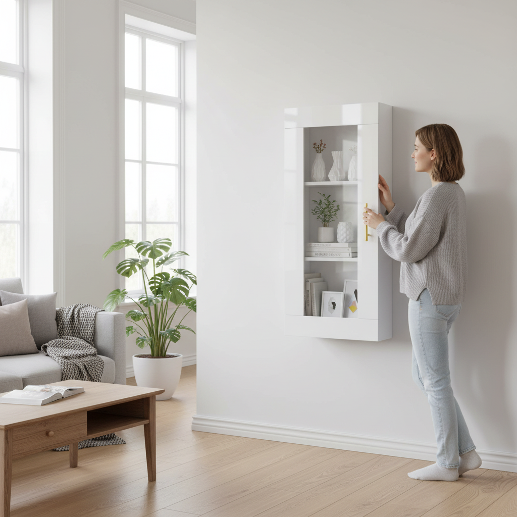 Hoogglans witte vitrinekast in Scandinavisch interieur
