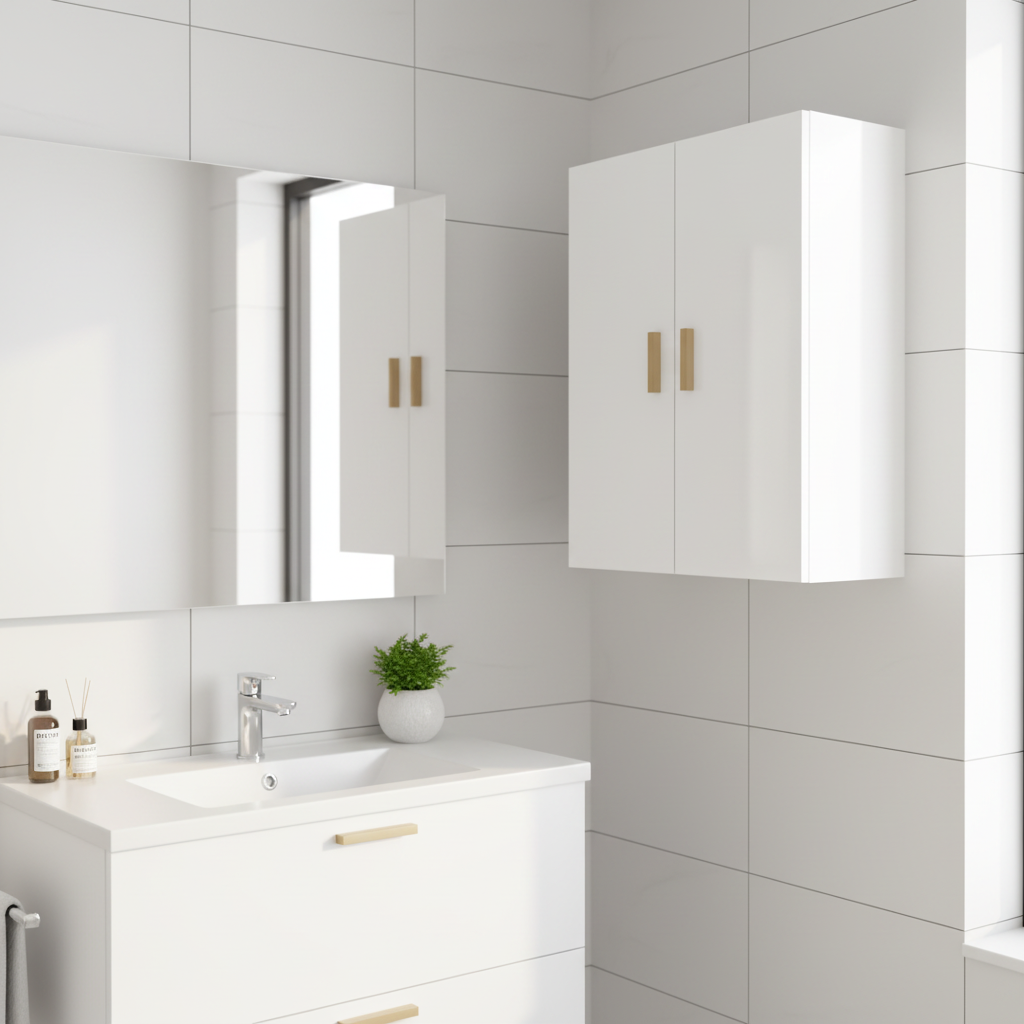 Hoogglans witte wandkast met gouden handgrepen in minimalistische badkamer
