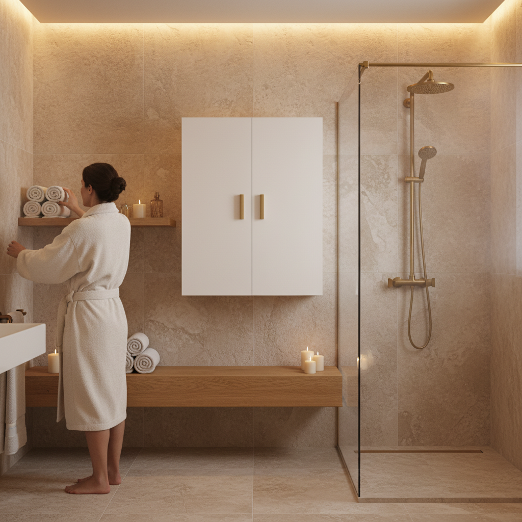 Hoogglans witte wandkast met gouden handgrepen in wellness badkamer