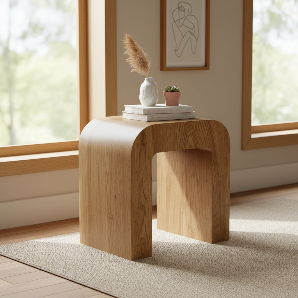 Moderner, geschwungener Beistelltisch in Holzoptik – 40 × 30 × 45 cm