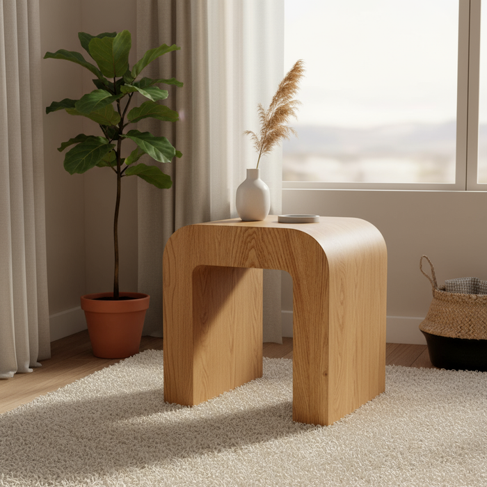 Table d'appoint incurvée moderne aspect bois – 40 × 30 × 45 cm