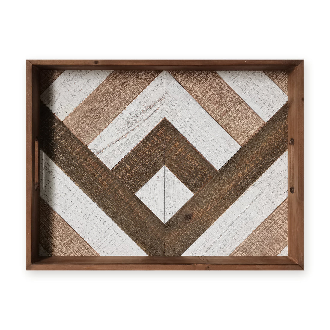 Houten dienblad 41,7 × 33 cm met ingelegd visgraatmotief in wit, naturel en donkerbruin hout, van boven op witte achtergrond