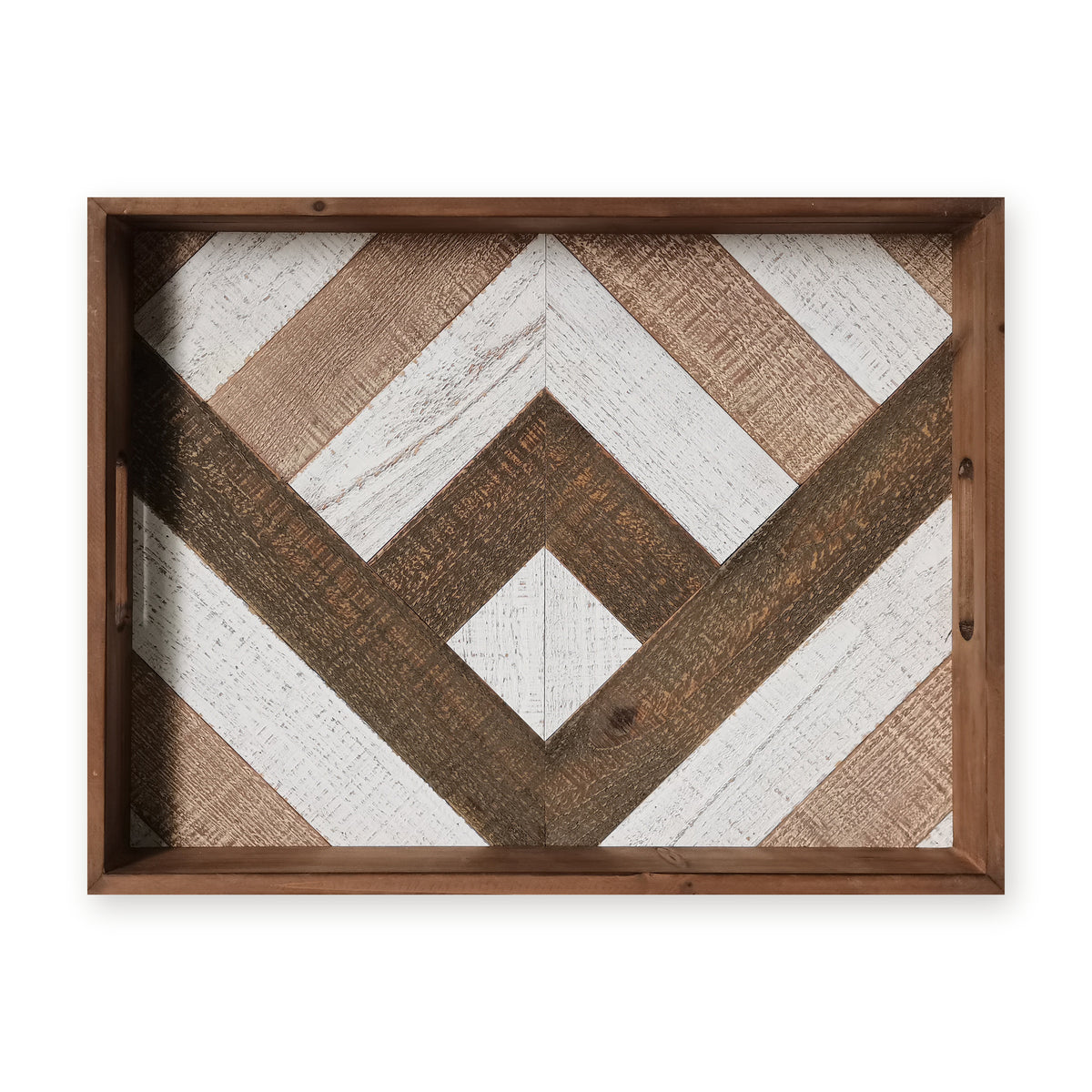 Houten dienblad 41,7 × 33 cm met ingelegd visgraatmotief in wit, naturel en donkerbruin hout, van boven op witte achtergrond