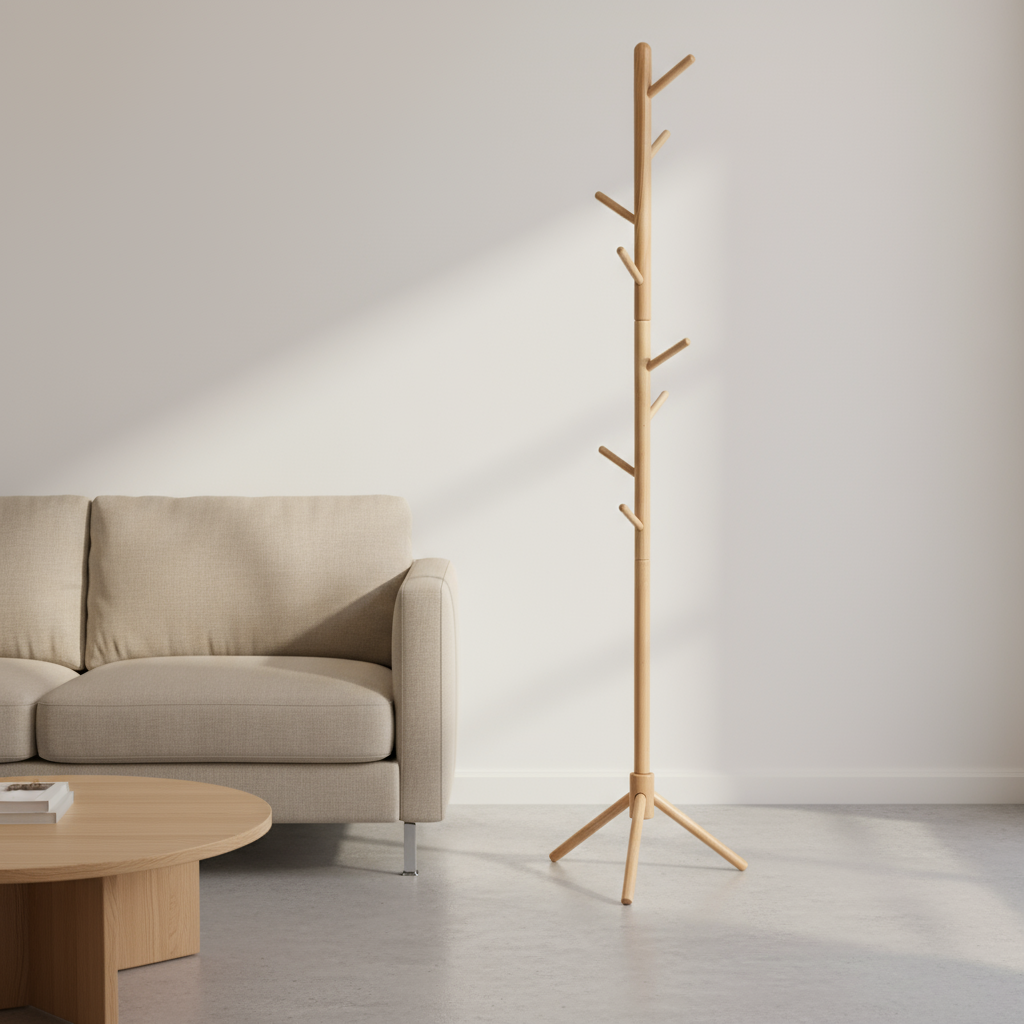 Beukenhouten kapstok met driepoot – minimalistisch design 37 × 37 × 170 cm (40 euro korting in JUNI - JULI!