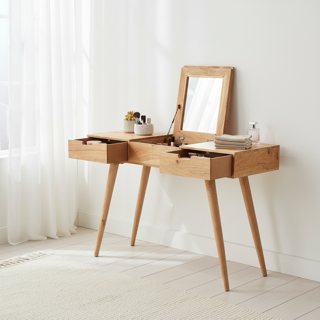 Houten kaptafel met inklapbare spiegel in Scandinavische slaapkamer