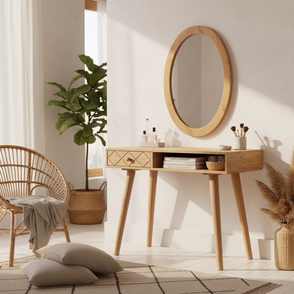 Houten kaptafel met ovale spiegel in bohemian slaapkamer