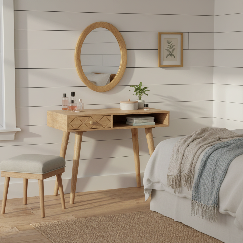 Houten kaptafel met ovale spiegel in farmhouse slaapkamer