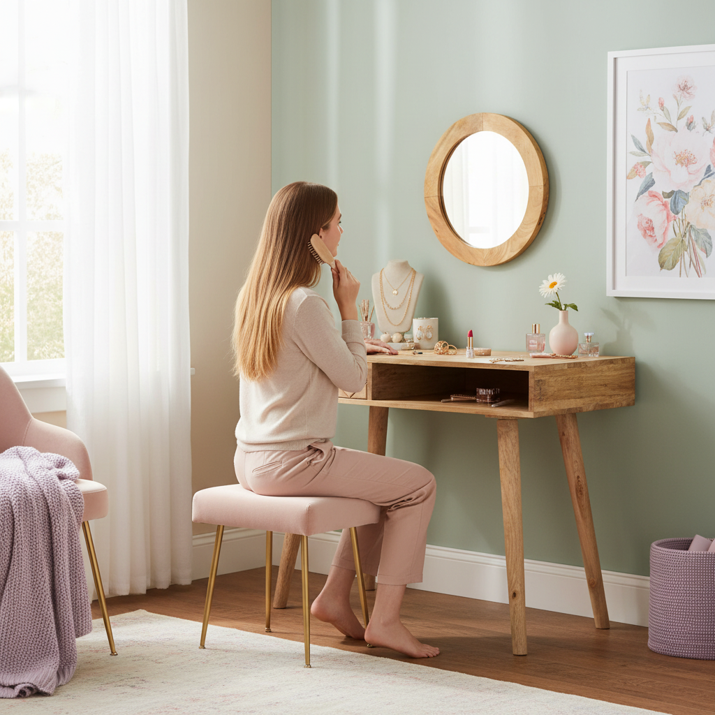 Houten kaptafel met ovale spiegel in meisjeskamer