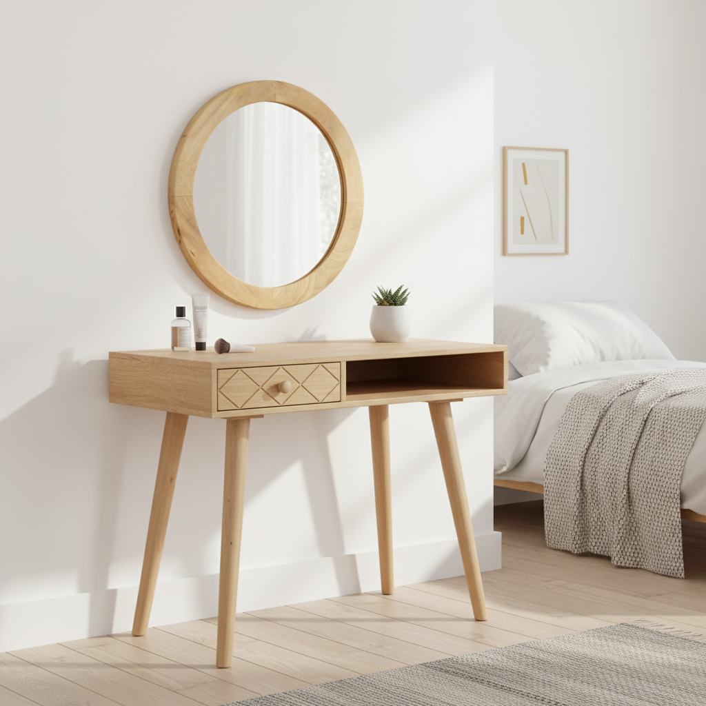 Houten kaptafel met ovale spiegel in Scandinavische slaapkamer