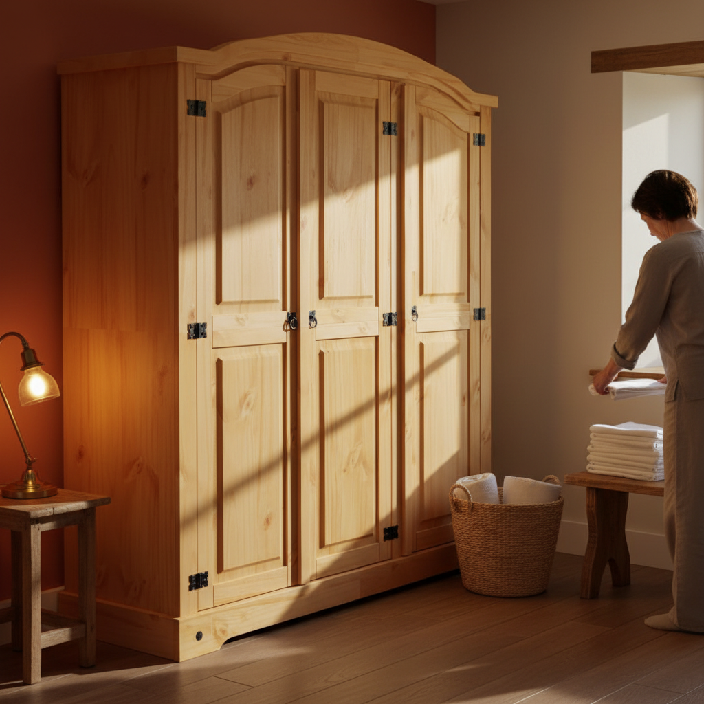 Houten kledingkast in cottage slaapkamer