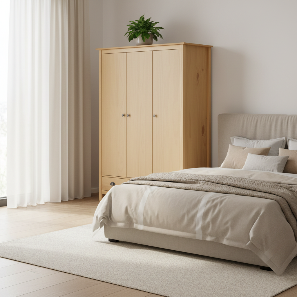 Houten kledingkast in moderne slaapkamer