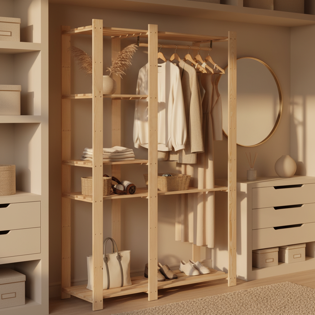 Houten kledingrek in kleedkamer