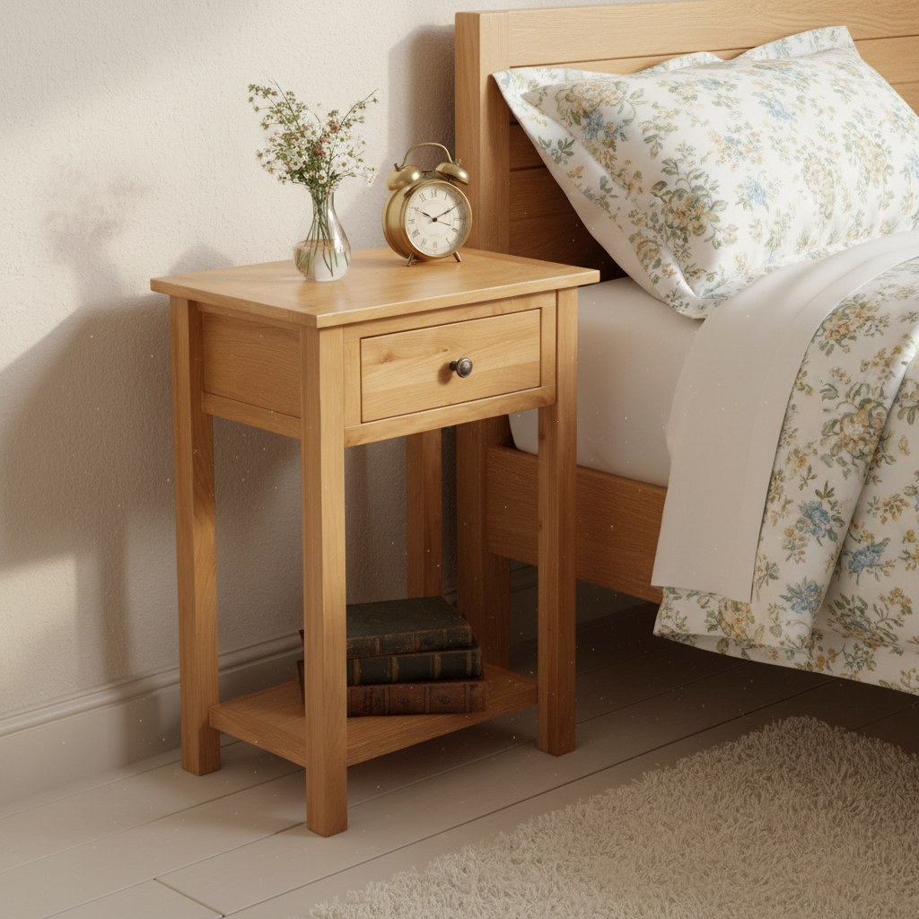 Houten nachtkastje in cottage kamer