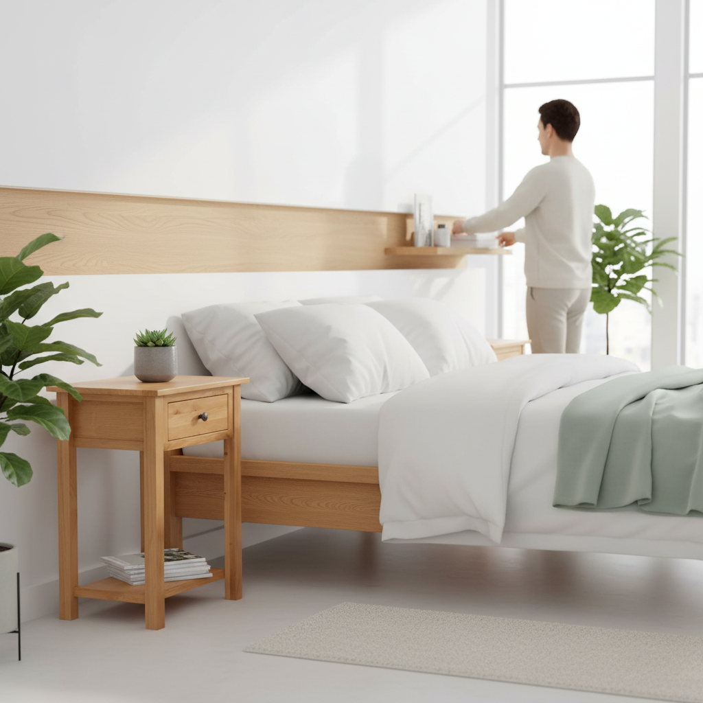 Houten nachtkastje in hedendaagse kamer