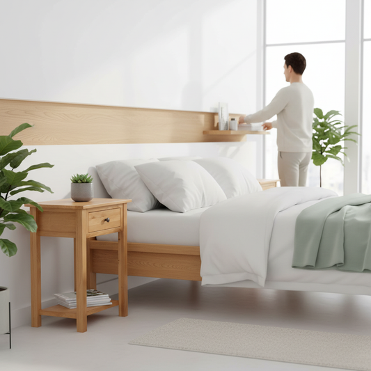 Houten nachtkastje in hedendaagse kamer