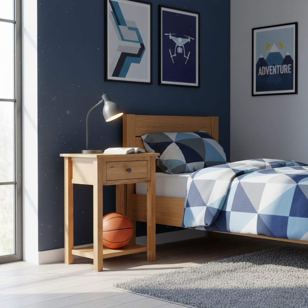 Houten nachtkastje in jongenskamer