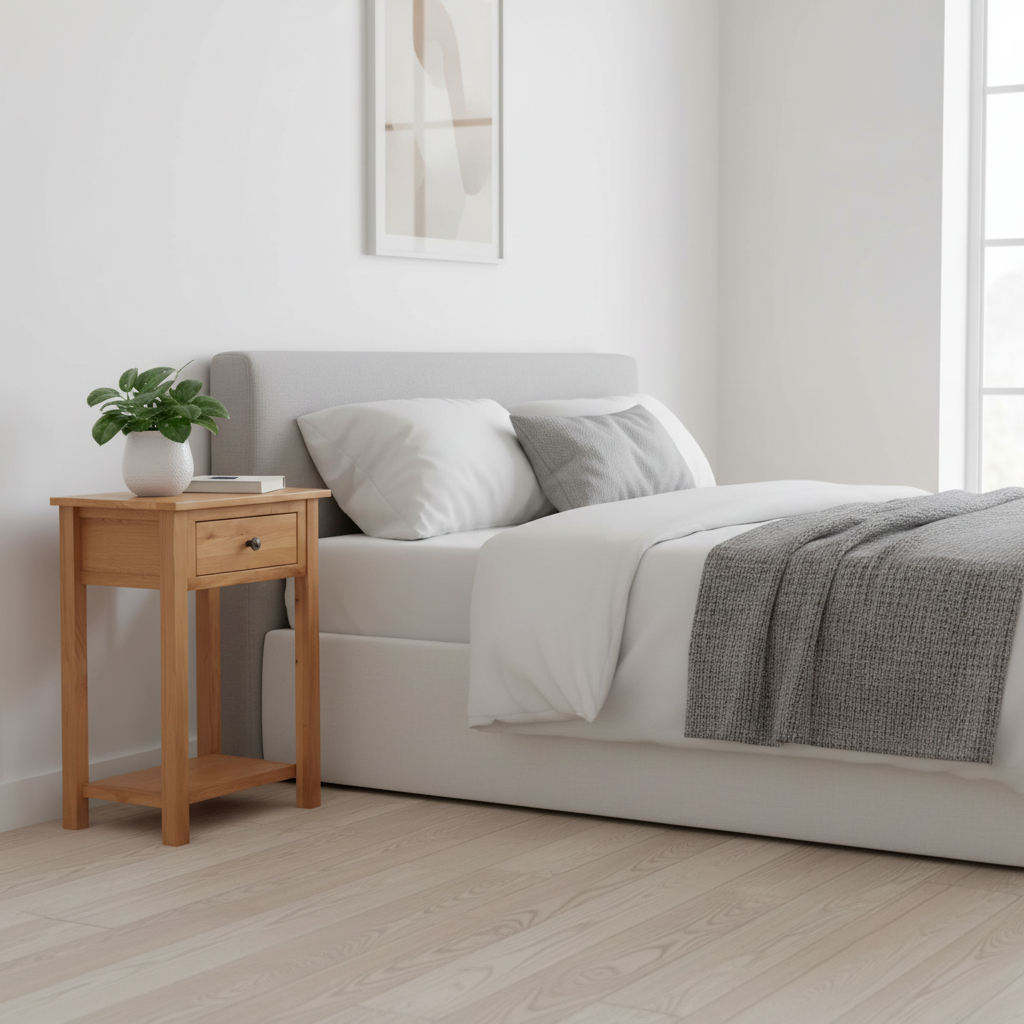 Houten nachtkastje in Scandinavische kamer