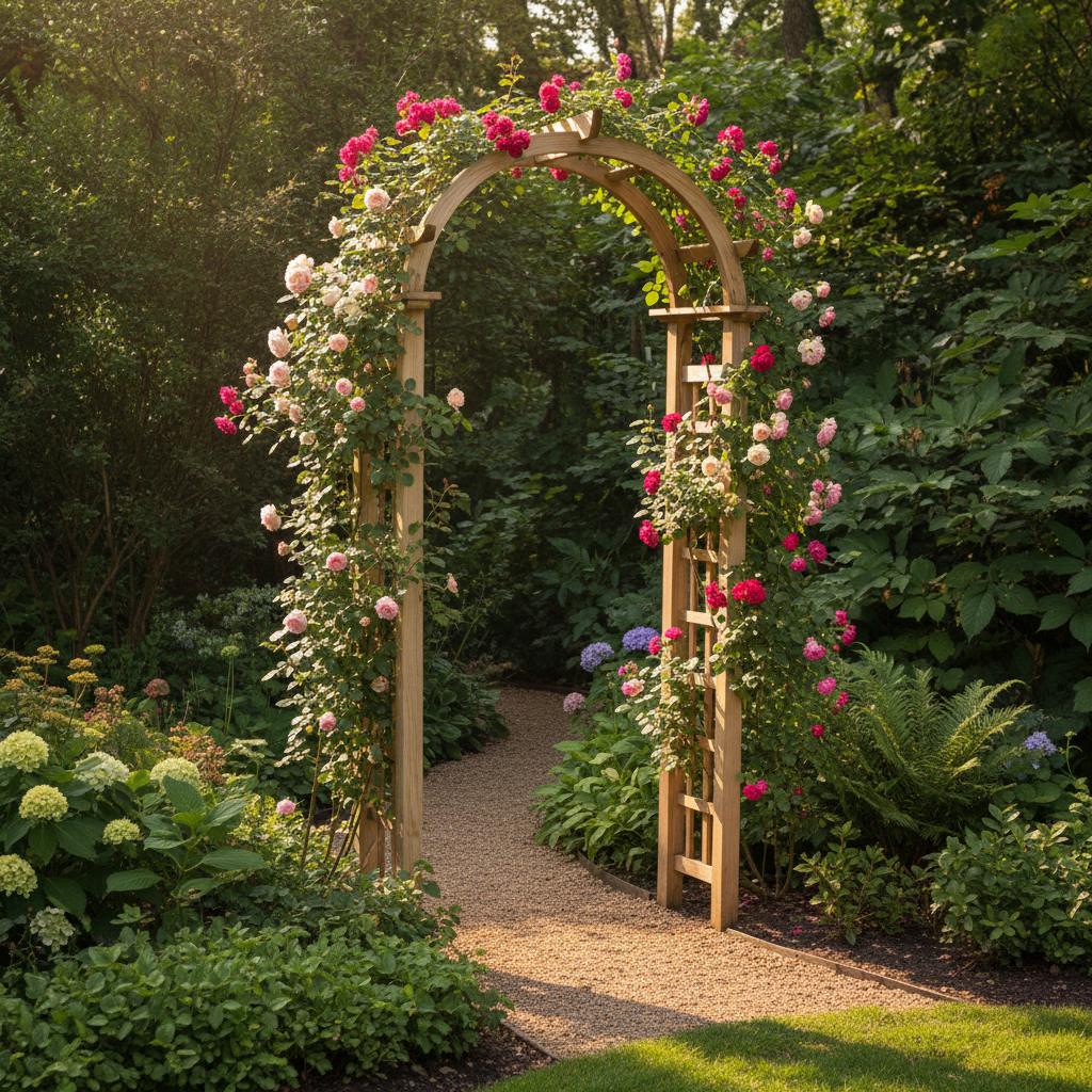 Houten rozenboog in cottage garden
