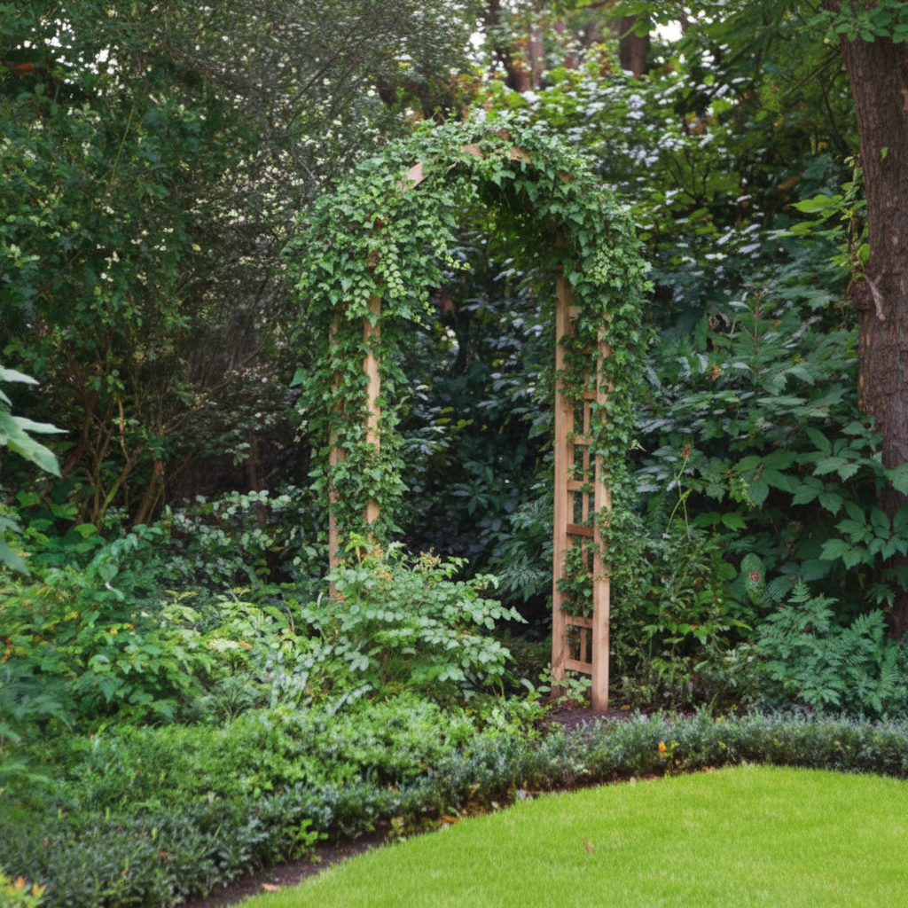 Houten rozenboog met efeu