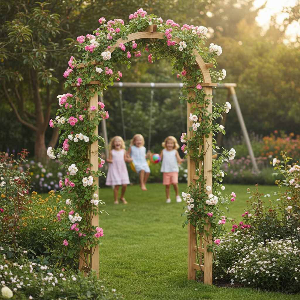 Houten rozenboog met spelende kinderen