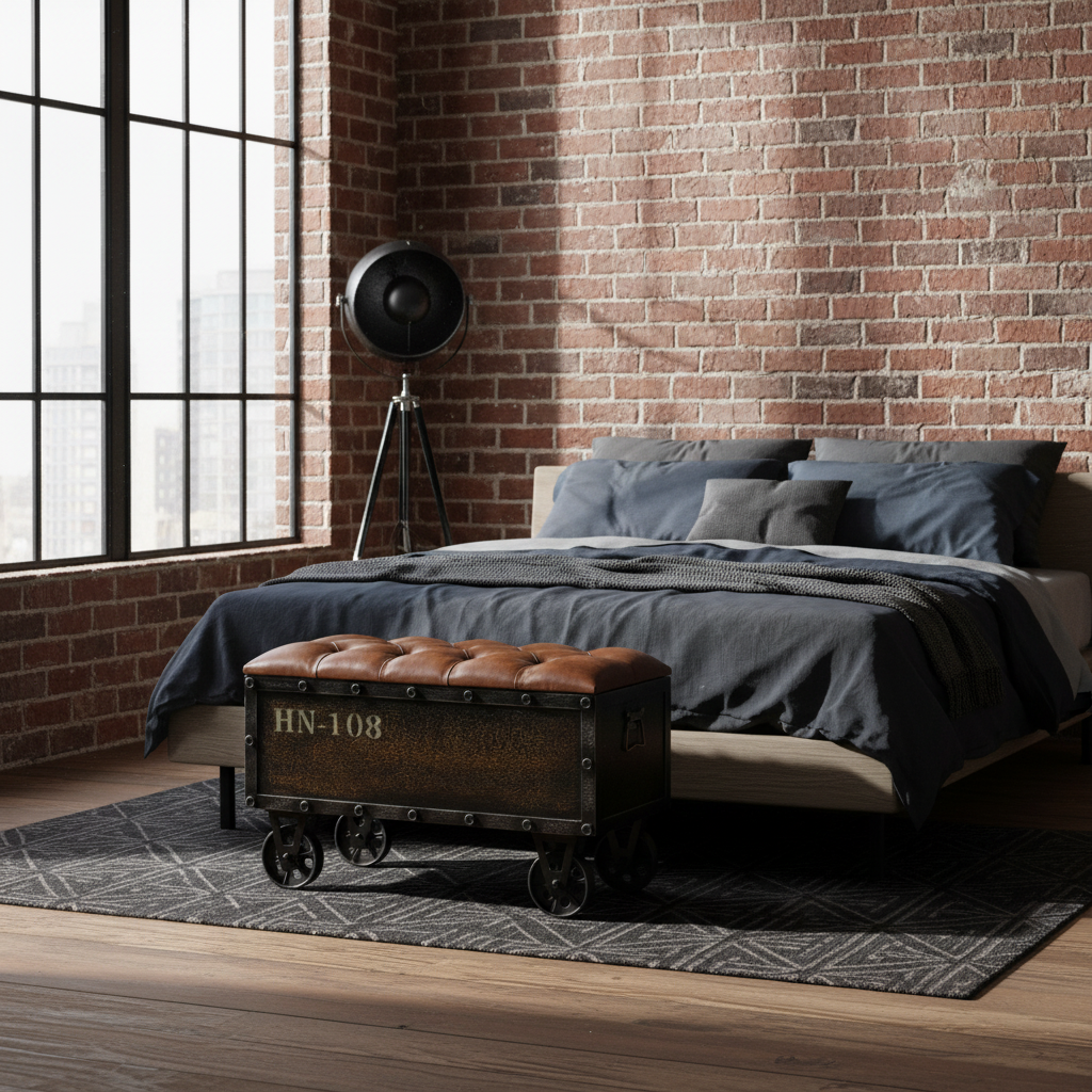 Industriële opbergbank in loft slaapkamer