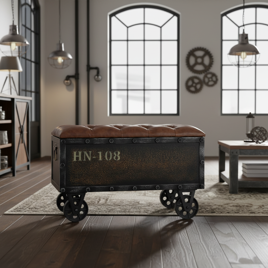 Industriële opbergbank in woonkamer