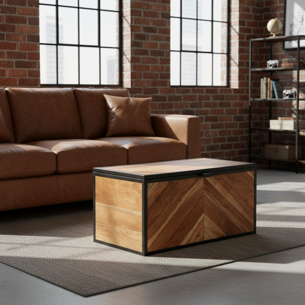 Industriële opbergbox met visgraatpatroon gesloten in loft woonkamer