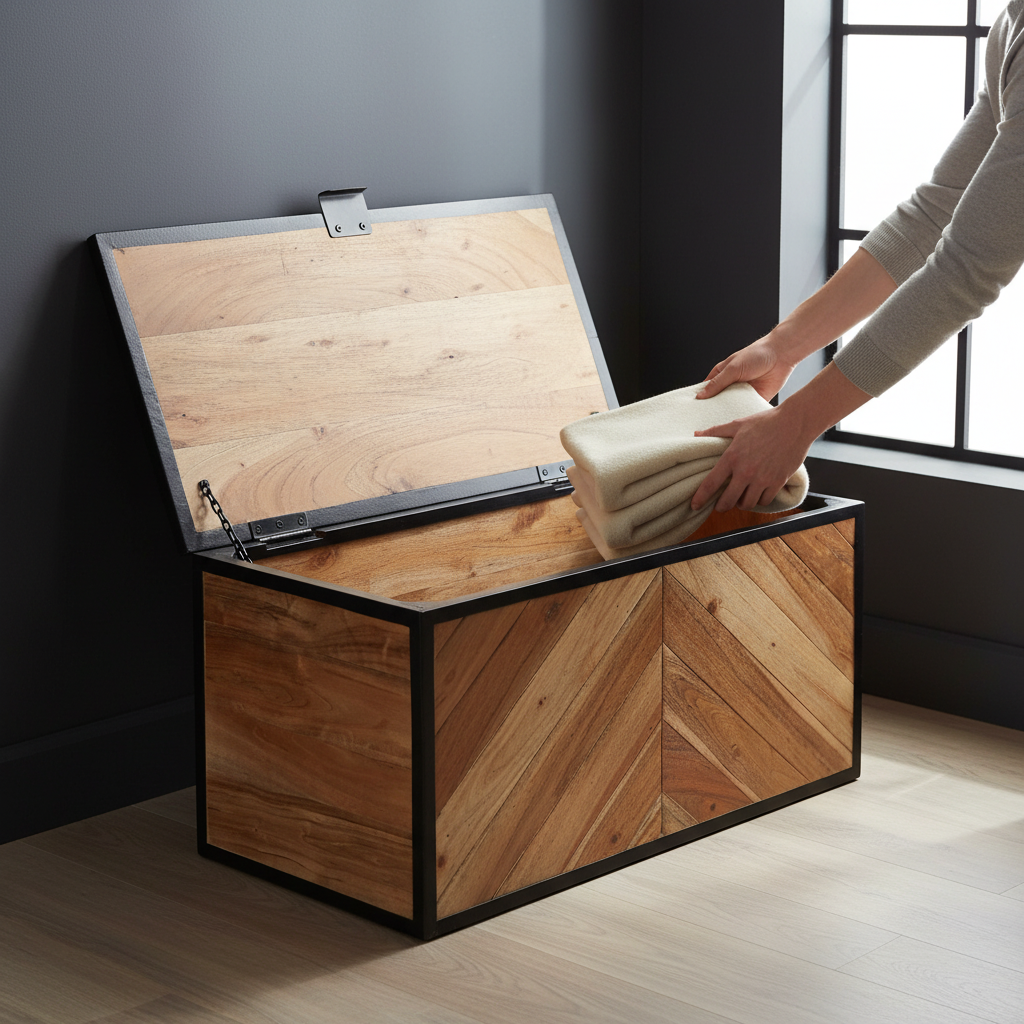 Industriële opbergbox met visgraatpatroon open in industriële slaapkamer