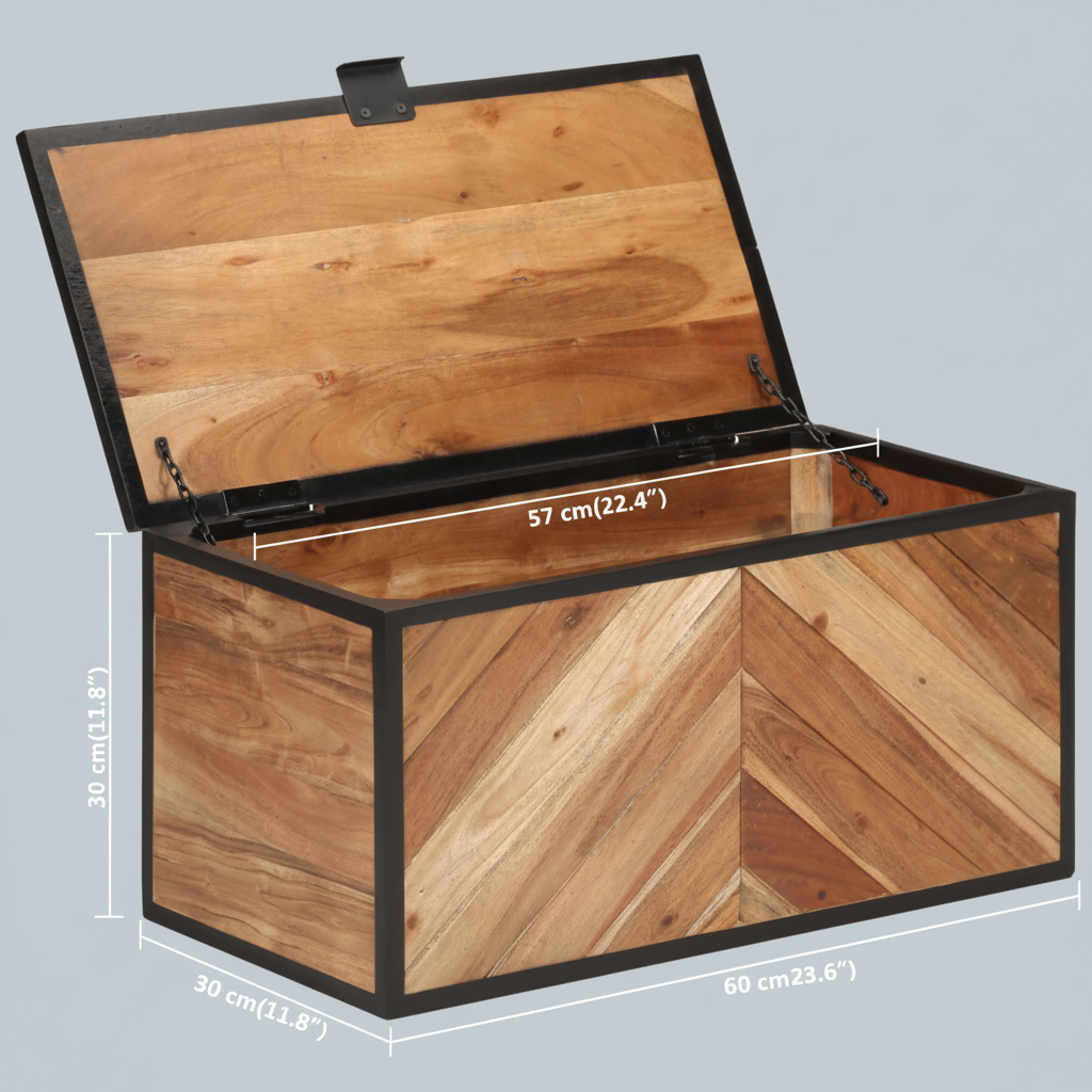 Industriële opbergbox met visgraatpatroon open met afmetingen op lichtblauw-grijze achtergrond