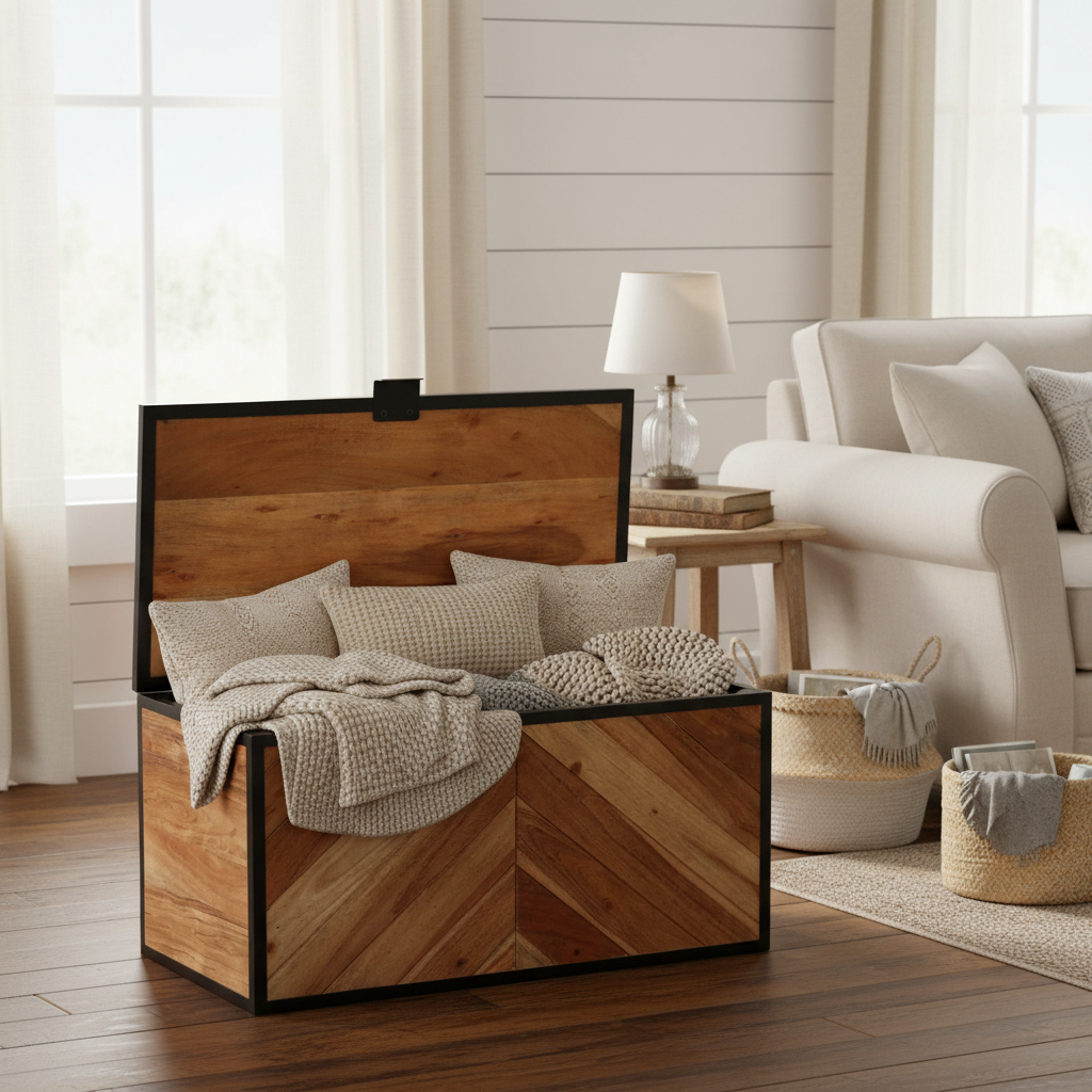 Industriële opbergbox met visgraatpatroon open met dekens in farmhouse woonkamer