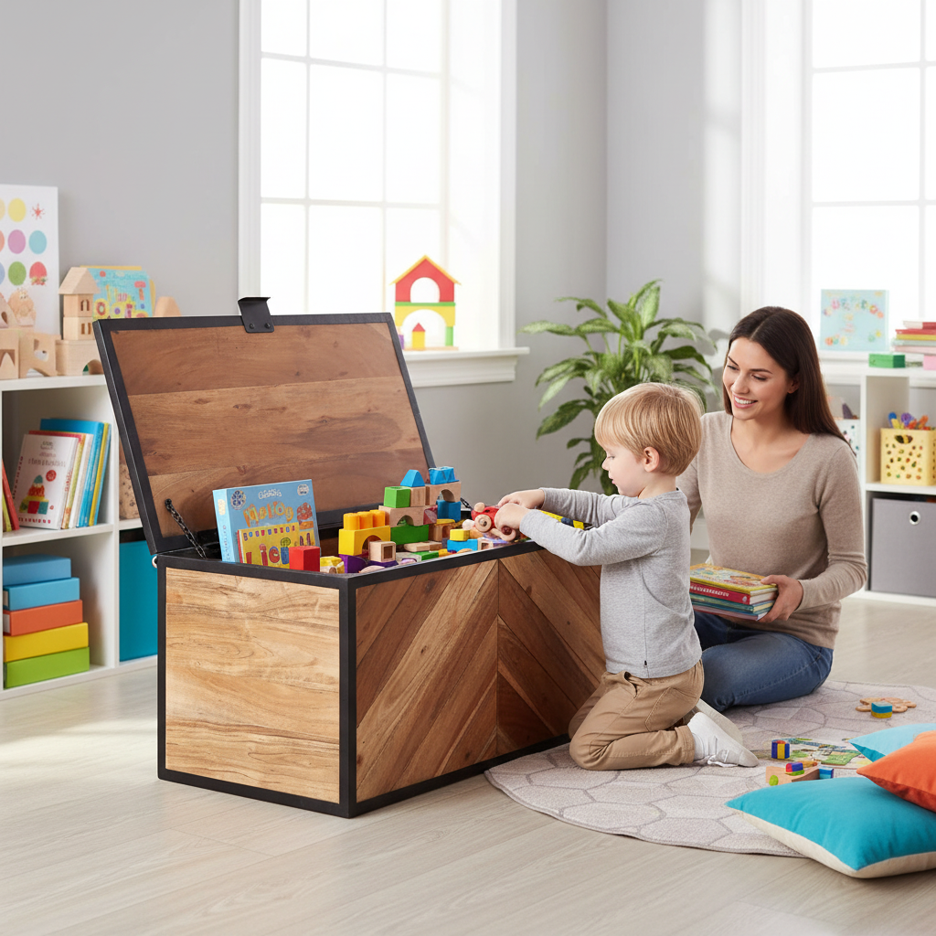 Industriële opbergbox met visgraatpatroon open met speelgoed in speelkamer