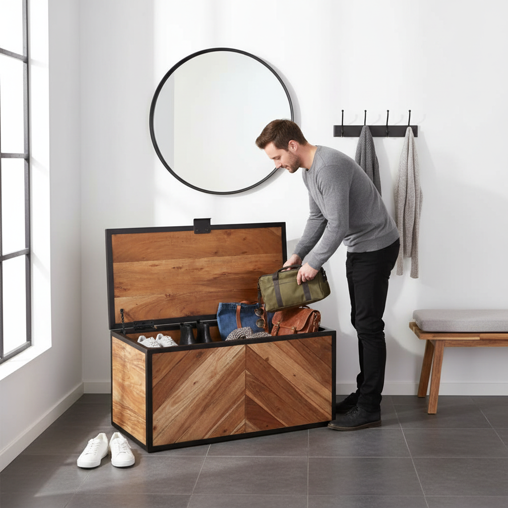 Industriële opbergbox met visgraatpatroon open met tassen in moderne entree