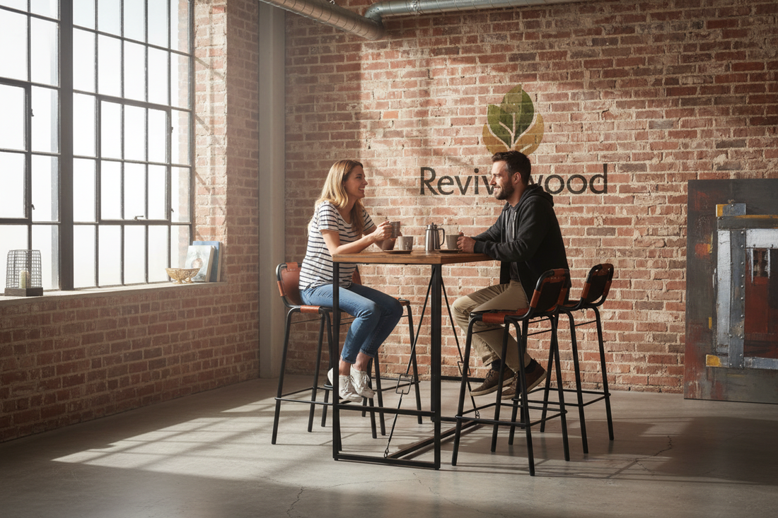 Industrial loft with people and Revivawood logo