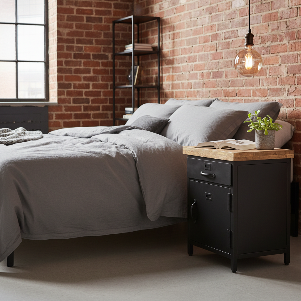 Industrieel nachtkastje in industriële kamer