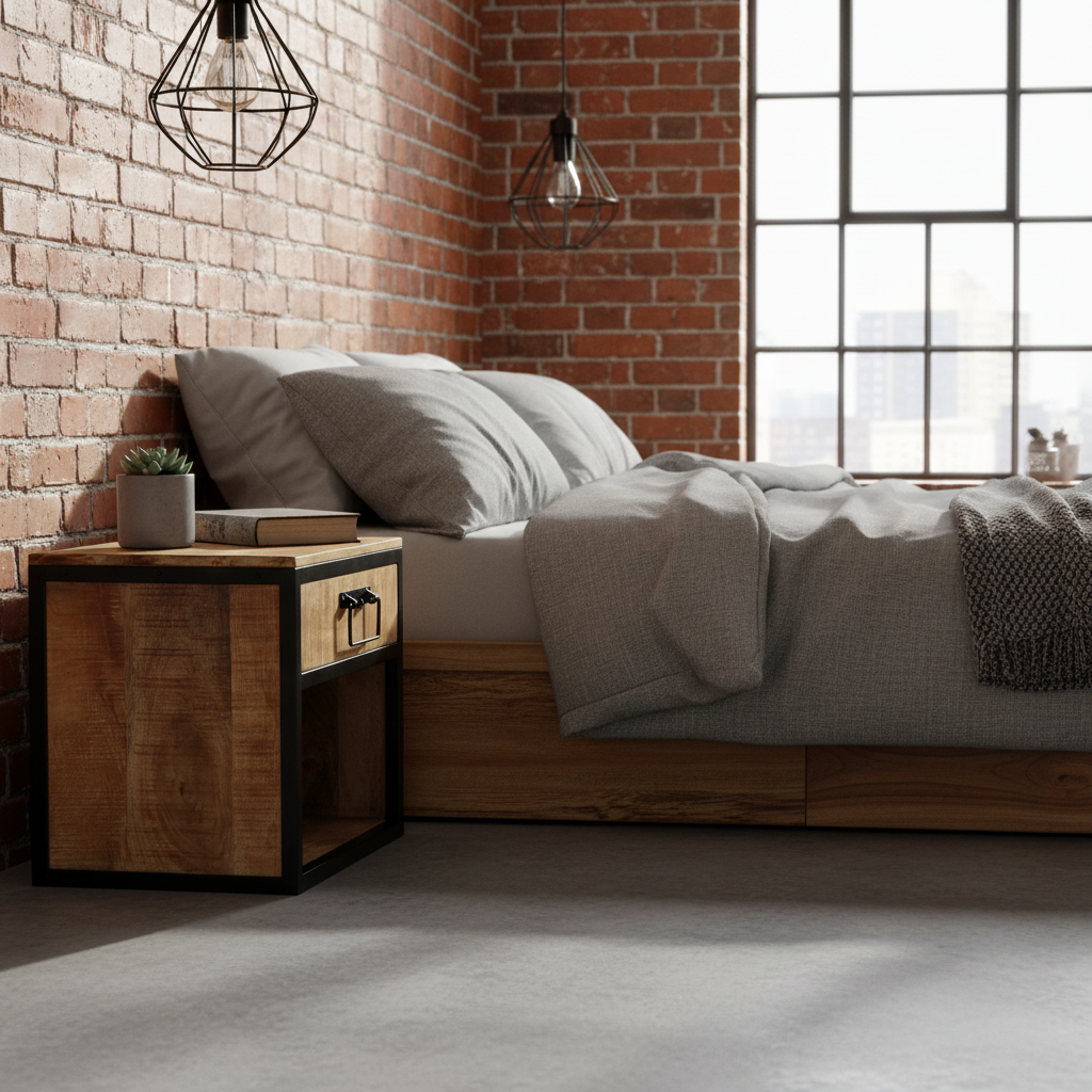 Industrieel nachtkastje in industriële slaapkamer