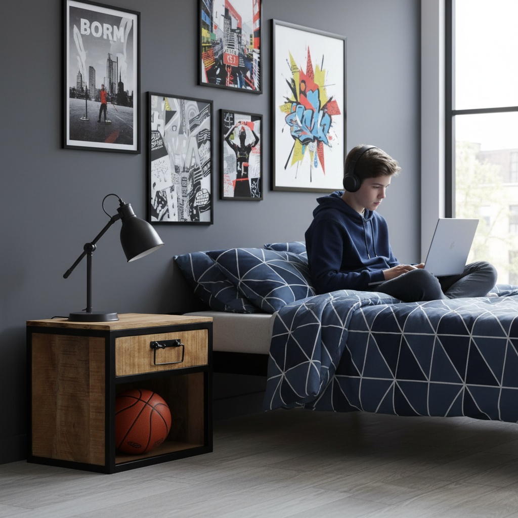 Industrieel nachtkastje in jongenskamer