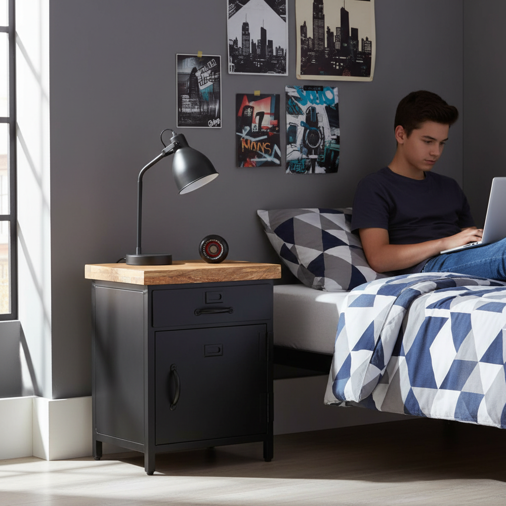 Industrieel nachtkastje in jongenskamer