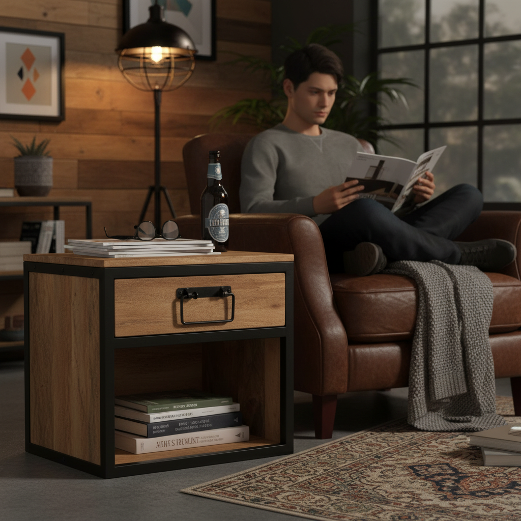 Industrieel nachtkastje in woonhoek