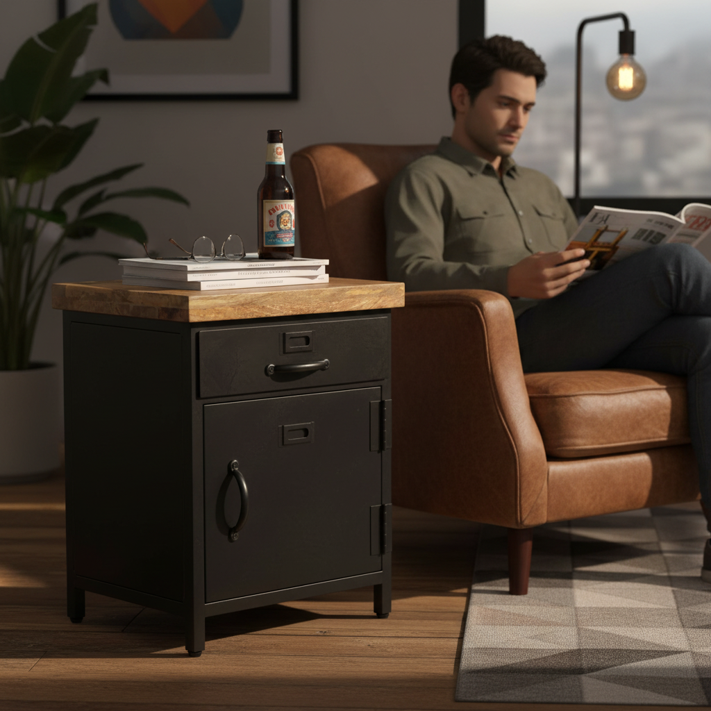 Industrieel nachtkastje in woonhoek