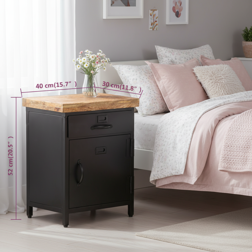 Industrieel nachtkastje met afmetingen in meisjeskamer